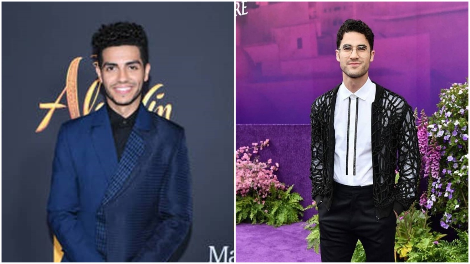 Darren Criss wears a jacket and Mena Massoud dons a suit both created by Francis Libiran.